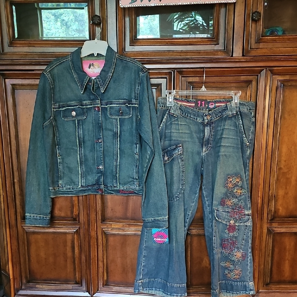 Fiorucci Blue Jean Embroidered Jacket & Crop Jeans Set! NWT!